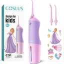 COSLUS Kids Water Dental Flosser Deep Cleaning Picks Portable 4 Modes for Ages 6+ Safe Waterproof Rechargeable with 4 Jet Tips for Gums Care Pink Purple