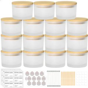 4oz Candle Jars for Making Candles, 15 Pack Small Frosted Glass Empty Candle Jars with Bamboo Lids and Wick Kit, Mini Wide Mouth Candle Container Bulk, Ideal for Candle Business Owners
