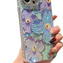 Elzzi Compatible with iPhone 16 Pro Case Laser Flower Oil Painting Cute Colorful Blue Ray Bumper with Full Camera Protection Shockproof PC+TPU Glossy Shiny Cover for Girls Women, Green