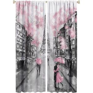 Paris Eiffel Tower Curtain Oil Painting European France City Landscape Modern Couple Black Pink Tree Home Decor Waterproof Fabric Bedroom Bathroom Living Room 2 Panels 42×63 Inch