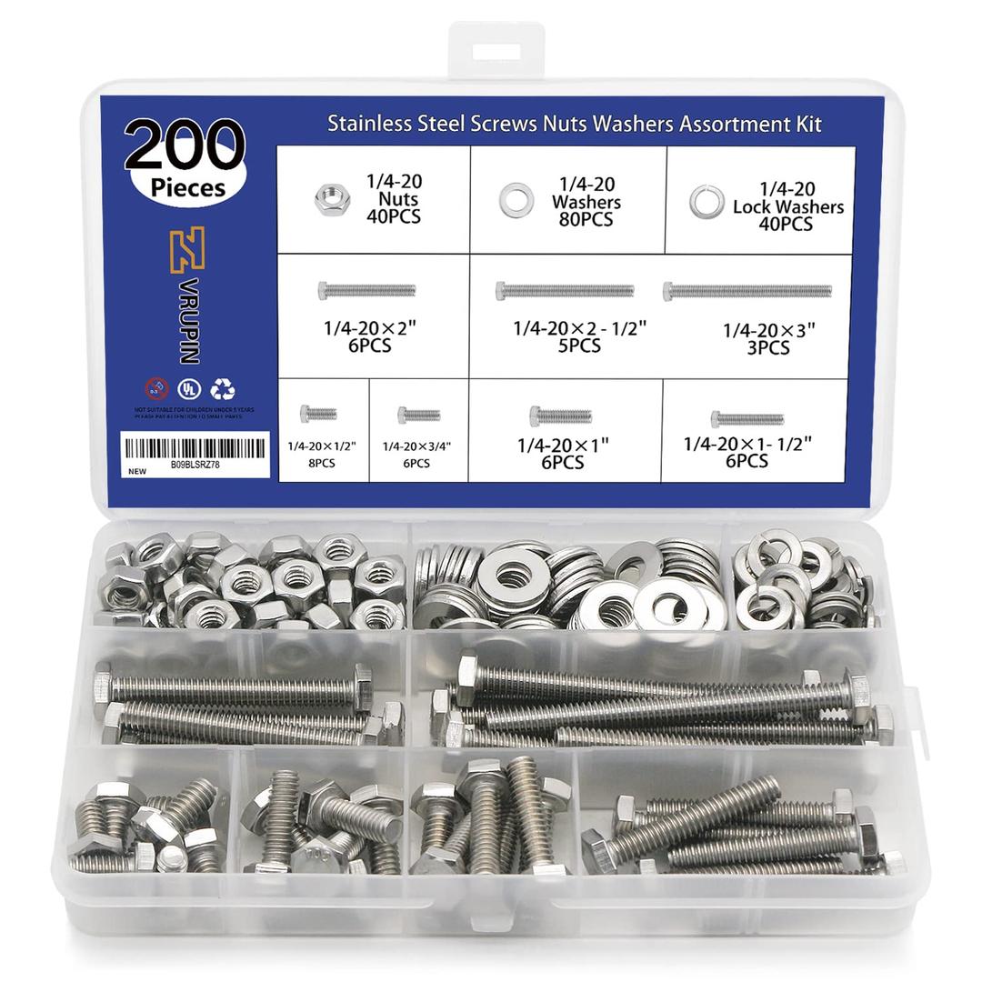 200PCS Nuts and Bolts 1/4-20 x 1/2, 3/4, 1, 1-1/2, 2, 2-1/2, 3 Carbon Steel Hex Bolts and Nuts Assortment Kit Hardware Screws Set (7 Different Sizes)
