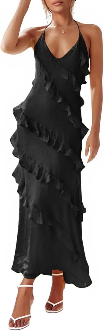 Wenrine Womens Sexy Chiffon Halter Maxi Dress Sleeveless Backless Ruffle Tassel Party Club Dresses (Black) XL