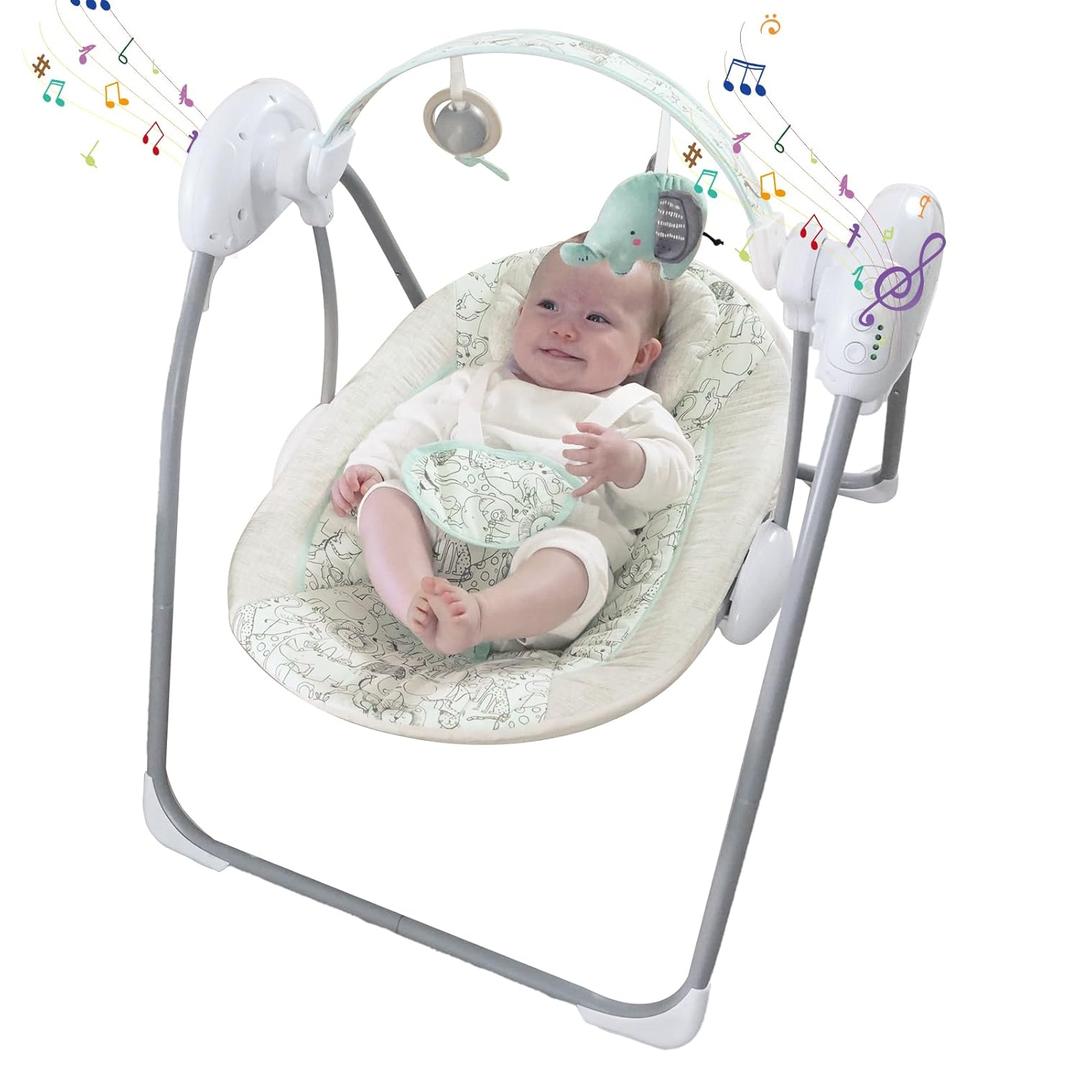 Portable Baby Swing for Infants, Compact & Foldable Infant Swing with 5-Speed Swing, Music, Timer, Cushioned Seat, Battery Operated, 0-9 Months 6-20 lbs