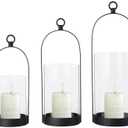 Denique Decorative Lanterns Candle Holder, Black Metal Candle Lanterns Set of 3, Hanging Lanterns Decor with Clear Glass for Indoor Outdoor, Iron Candle Holder for Table Centerpiece Fireplace Mantles