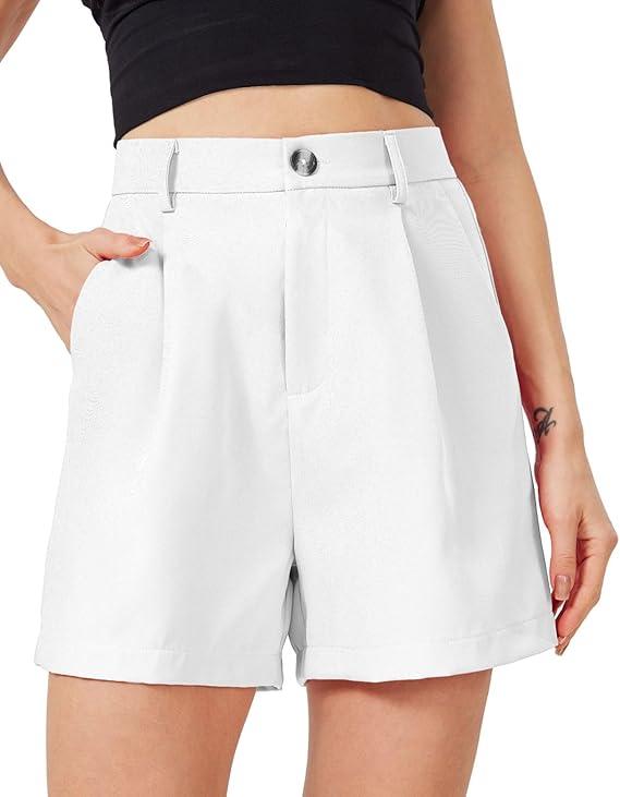 Women's Casual Pleated Dressy Business Work Shorts Elastic High Waisted Wide Leg with Pockets, M, White