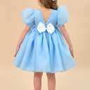 LalaMira Flower Girl Dress Organza Toddler Dresses Puff Sleeve & Bow Bcak Girls Princess Dress for Wedding Birthday Party Blue-12M
