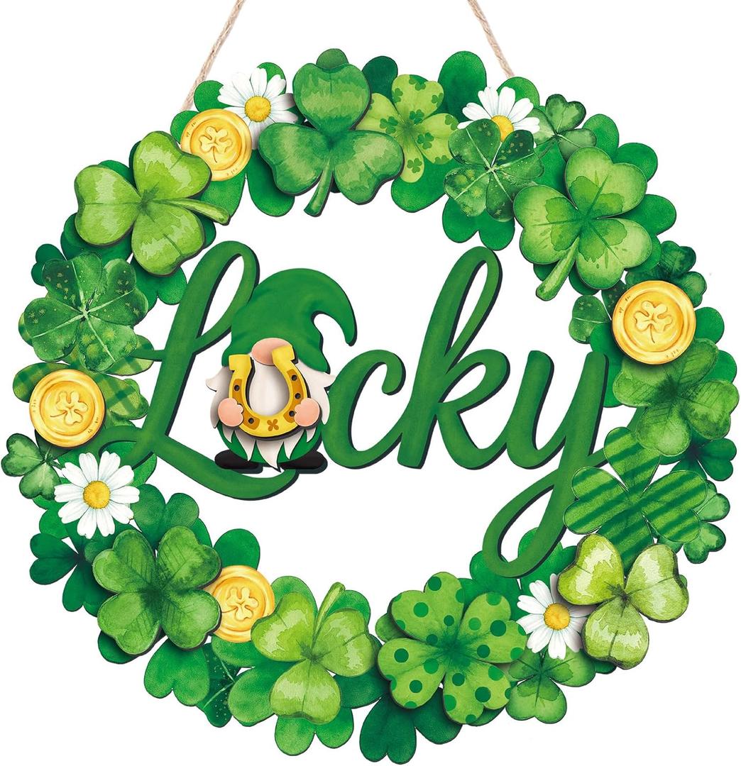 Yalikop St Patrick's Day Wreath for Front Door Wooden Door Decoration Sign Lucky Shamrock Wall Sign Irish Welcome Saint Patricks Day Hanging Decor Hanger for Party Outdoor Indoor