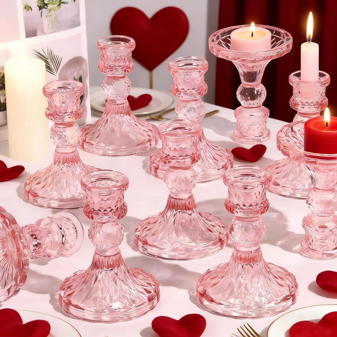Glass Candle Holder Set of 12, Pink Taper Candle Holders Bulk, Vintage Candlestick Holders, Candle Stick Holder for Table Centerpieces, Wedding & Mother's Day