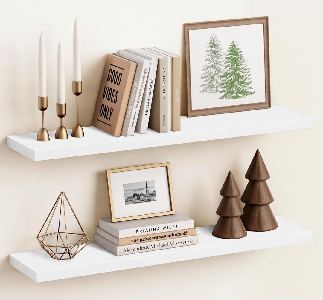 Harwaya White Wood Floating Shelves 36 Inches Long Set of 2, Large Modern Wall Shelves for Bathroom Bedroom Closet Living Room Office Books Plants Legos Art Décor Picture Frames (White)