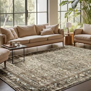 OPPODREAM Vintage Brown Area Rugs 4x6, 4 x 6 Retro Washable Rug Non Slip, Low-Pile Faux Wool Carpet, Distressed Floor Mat for Living Room, Bedroom, Kitchen, Office, Dorm, Dinning Room