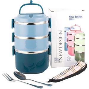 SANQIAHOME 3 Tier Stackable Stainless Steel Lunch Box Sealed(Blue, 3 Layers) with Spoon and Fork