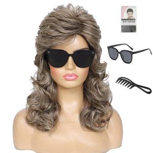 80s Retro Mullet Wig for Women - Brown Curly Wavy Long Wig for Halloween Cosplay, 80s Costume Party & Stage Performance (Light Brown)
