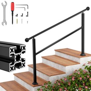 4 Steps Handrails for Outdoor Steps, Heavy Duty Stair Railing, No Rust Aluminum Hand Porch Railing kit, Adjustable Staircase Handrail for 3 to 4 Steps, Sturdy Hand Rails for Outdoor Concrete Steps