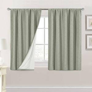H.VERSAILTEX Linen Look 100% Blackout Curtains 45 Inches Long for Bedroom Full Light Blocking Rod Pocket Linen Textured Thick Window Curtain Drapes with White Backing, Sage, 2 Panels