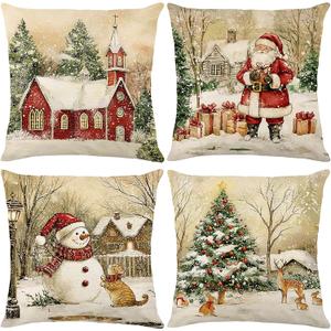 Retro Vintage Christmas Throw Pillow Covers 18x18 inch Set of 4, Snowy Church Santa Snowman Tree Xmas Pillow Cases for Couch Sofa Holiday Decor (Style 6)