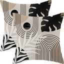 Boho Pillow Covers 18x18 Set of 2 Mid Century Black Beige Tropical Leaf Throw Pillow Covers Outdoor Decor Modern Abstract Line Decorative Pillowcase Farmhouse Linen Cushion Case For Couch Sofa
