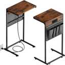 Evermagin C Shaped End Table with Charging Station Set of 2, Small Side Table with Storage Bag for Couch and Recliner, Slide Under Sofa Tray for Living Room, Bedroom, Rustic Brown