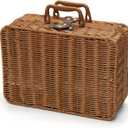 Mini Wicker Picnic Basket, Decorative Prop Suitcase Vintage Storage Hamper Makeup Organizer, 11.5" Metal Lock Plastic Rattan Storage Box with Handles for Sundries Travel Camping and Outdoor Party (L) (Brown)