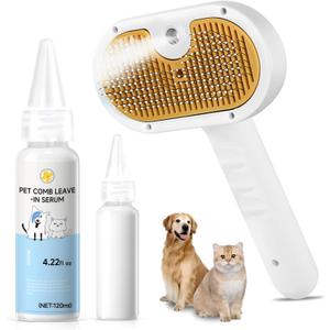 Pet Steam Brush for Dog & Cat  3-in-1 Spray Hair Removal Comb for Shedding & Grooming, Softens Fur & Reduces Static  Water Brush for Long & Short Coats, Bath-Hating Pets, Includes Waterless Shampoo (7.8-shampoo)