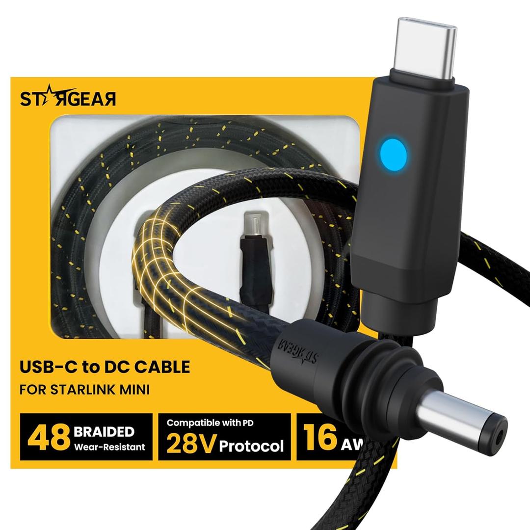 Starlink Mini Cable 6.5FT, Max 140W Input Starlink Mini USB C to DC Power Cable with Indicator Light, Braided Wear-Resistant for 16AWG, Work with 20V/65W, 20V/100W, 28V/140W PD Power Source
