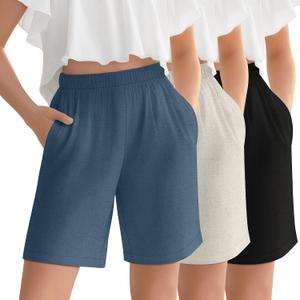 Oakgarden 3 Pack Girls Linen Bermuda Shorts Knee Length Elastic Waist Pants Casual Loose Fit Summer Short Pants with Pockets