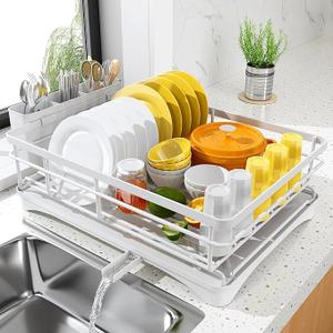 Dish Drying Rack for Kitchen Counter,Space-Saving Dish Rack with Drainboard,Rustproof Countertop Dish Drainer with Utensil Holder for Sink,White