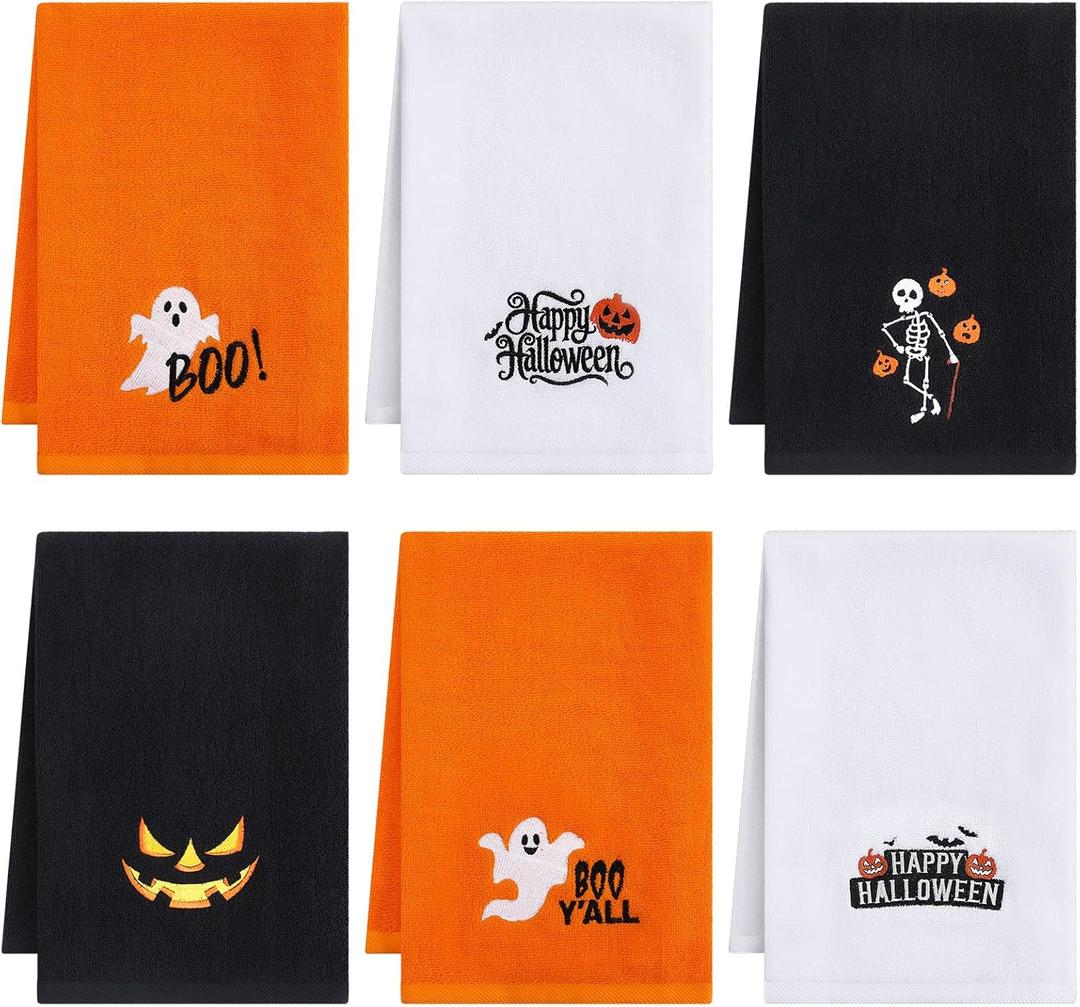 6 Pcs Halloween Hand Towels Ghost Pumpkin Skull Embroidered Dish Towel Set Decorative Dish Cloths for Halloween Drying Cleaning Cooking Gift Kitchen Bathroom Home Decor, 29.5 x 13.8''