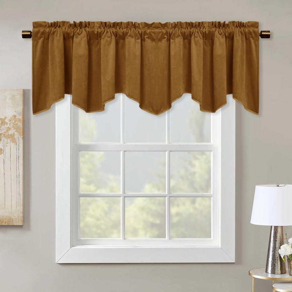 StangH Gold Brown Velvet Valance for Kitchen Luxury Blackout Rod Pocket Scalloped Valance Curtain Tier Short Curtains for Bedroom Gallery Office Window Dressing, W52 x L18 inch, 1 Panel