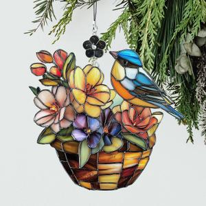 Bird Stained Glass Style Ornament, Acrylic Window Hanging Suncatcher Decoration, Colorful Bird and Floral Basket Decor for Christmas Tree, Garden or Home, Gift for Women Mom Birthday Holiday