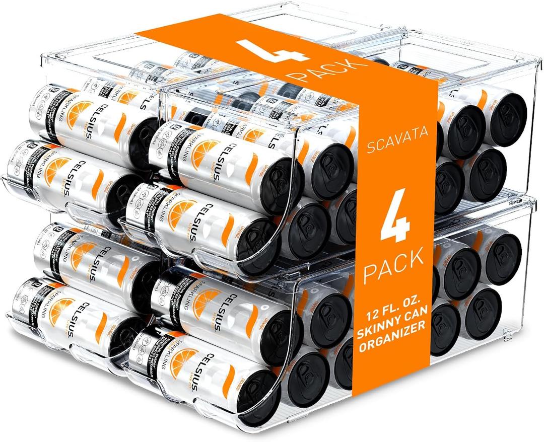 SCAVATA 4 Pack Skinny Can Organizer for Refrigerator, Stackable Tall Skinny Soda Pop Can Holder Dispenser with Lid for Fridge Pantry Rack Freezer, Clear Plastic Storage Bins-Holds 12 Slim Cans Each