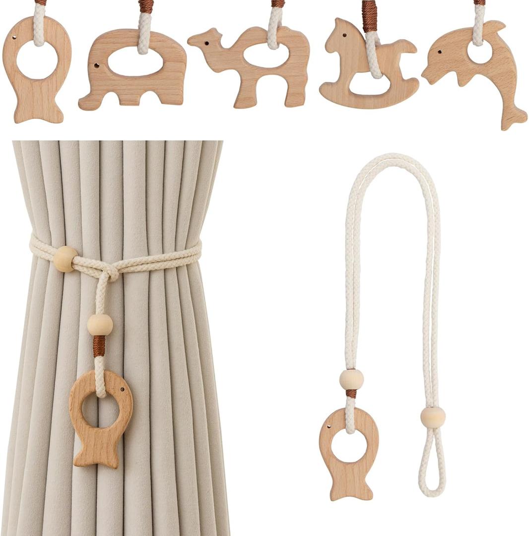 2 x Wooden Animal Curtain Tie Backs- Cotton Rope Tiebacks Window Treatment Holdbacks with Natural Wood Beads for Home Outdoor Room Decor (2Pack, Fish)