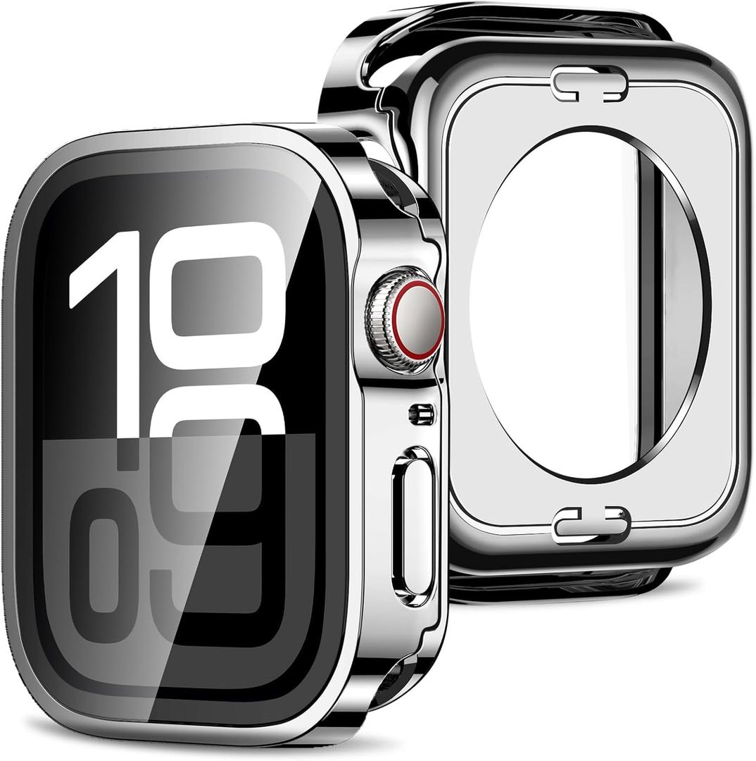 Amizee 2 in 1 Case [2-Pack] Compatible with Apple Watch Series 11/10 46mm with Built-in Screen Protector, Straight Edge Hard PC Full Body Protective Cover for iWatch 46mm, Silver