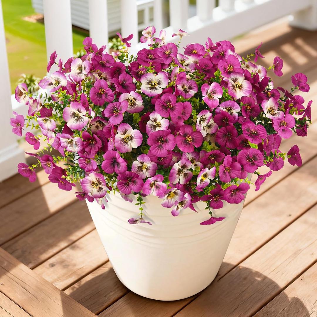 Artificial Fake Pansy Flowers for Outdoor, 12 Pcs Faux Silk Pansies Flower for Spring Summer Decoration, UV Resistant Fake Plants for Outside Planter Porch Yard Patio Home Decor(Gradient Double Pink)