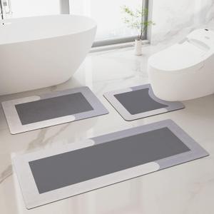HelloTree 3PCS Bath Mat Rug Rubber Non Slip Quick Dry Rug Sets Super Absorbent Thin Bathroom Rugs Fit Under Door Grey Washable Bathroom Floor Mats for in Front of Bathtub, Shower Room, Sink