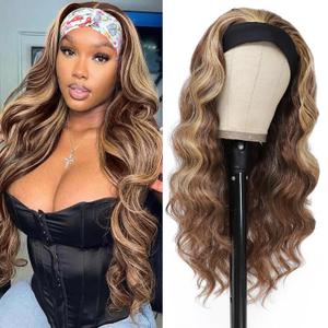 xccoco Glueless Headband Wigs for Black Women Brown Blonde Headband Wig Long Loose Curly Synthetic Wig 24inch 4/27 Highlight Honey Blonde Wig with Headband,200% Denisty
