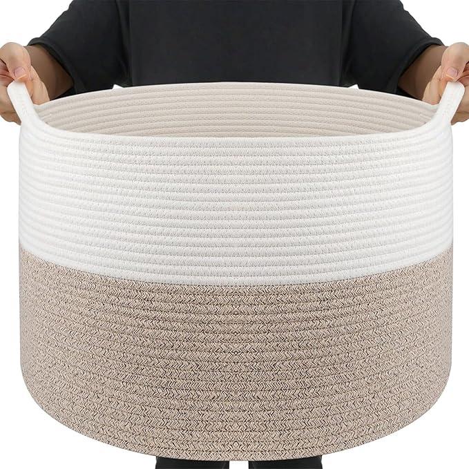 Extra Large Cotton Rope Storage Basket with External Handles Foldable Woven Organizer for Laundry Toys Blankets and Sundries in Living Bedroom Nursery, 2Pct