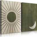 2 Pces Boho Moon Canvas Wall Art Green Abstract Mid-Century Sun Wall Decor Simple Picture Poster Prints for Living Room Bedroom Home Decor Ready to Hang (16x24 Inch), 16L" x 24W"