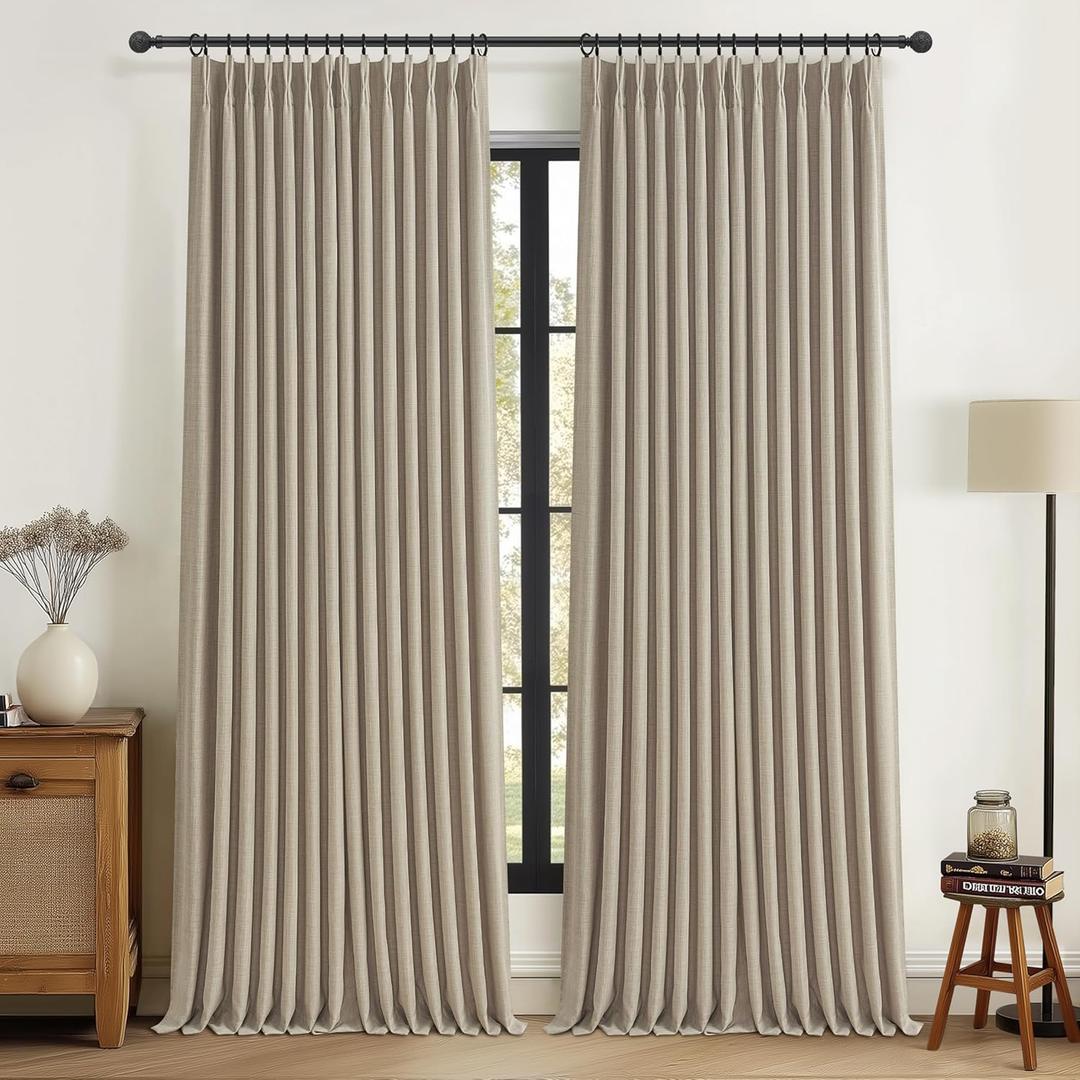 Extra Wide Burly Wood Birch Blackout Sliding Glass Door Curtains 90 Inches Long 2 Panels Set, Memory Trained Pinch Pleated Linen Double Layer Black Out Heat Blocking Modern Curtain with Hook 70W x 90L
