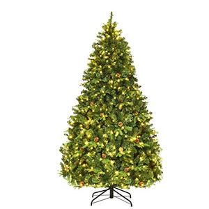 7ft Artificial Pre-lit Christmas Tree with Warm White LED Lights and Pine Cones, Home Holiday Décor, Hinged, 925 Branches for Indoor Decoration Easy Setup