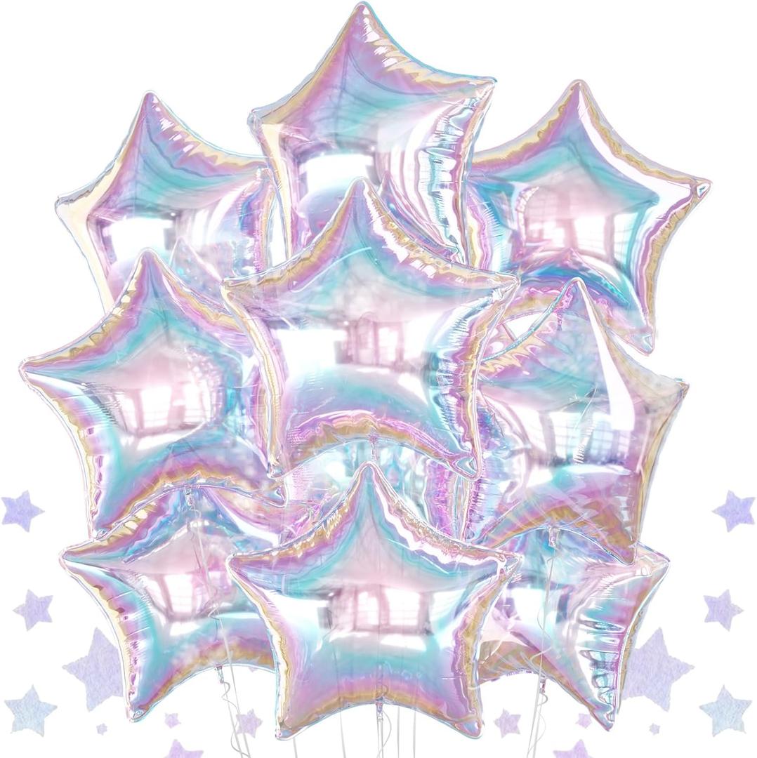 10PCS Iridescent Laser Star Foil Balloons, Transparent Laser Foil Stars Shape Balloons, 18 Inch Colorful Stars Balloon Aluminum for Birthday, Baby Shower, Wedding Party Decoration