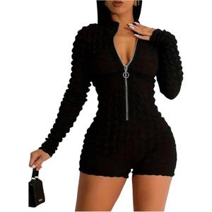 WDIRARA Women's Zip Up Bodycon Romper Textured Long Sleeve Unitards Shorts Jumpsuit (Black, M)