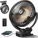 FRIZCOL 12000mAh 8 Inch Portable Clip On Fan Rechargeable, Battery Operated Desk Fan, Camping Fans with lights and Remote, USB Fans Sturdy Clamp for Golf Cart Desk Office Stroller Bedroom Tent (BLACK)