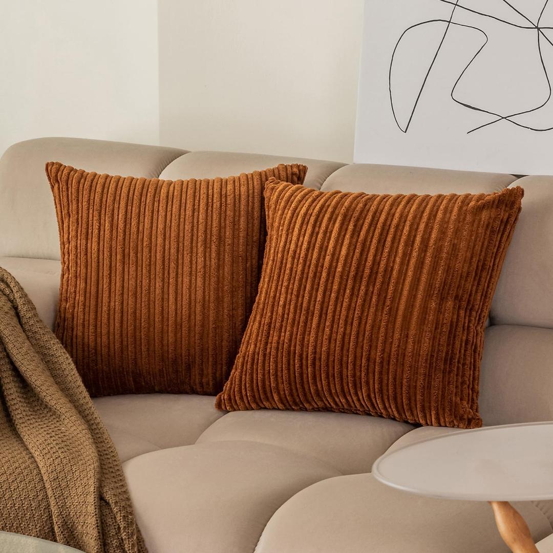 Kevin Textile Fall Corduroy Soft Decorative Square Throw Pillow Cover Cushion Covers Pillowcase, Pack of 2 Autumn Decorative for Sofa Couch Bed Chair 18x18 Inch/45x45 cm, Brown