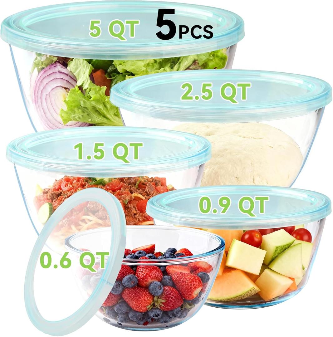 YUANYE 5 Pack Glass Mixing Bowls with Lids Set (5/2.5/1.5/0.9/0.6QT), Thick Glass Large Salad Bowl Set, Nesting Kitchen Bowls for Serving, Prepping, Cooking and Baking, Dishwasher,Oven,Microwave Safe