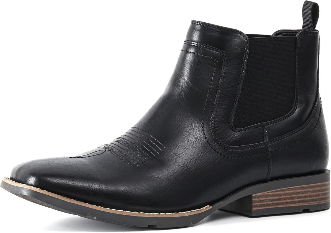 IXU Cowboy Boots For Men Square Toe Ankle Boots Western Chelsea Boot Casual Dress Slip On Men Shoes (9.5 Wide, Black)