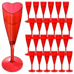 FillTouch 24 Pcs Heart Shaped Champagne Flutes Valentines Plastic Goblet Champagne Cups 4.4oz Disposable Champagne Glasses for Bachelorette Wedding Bridal Shower Party Valentines Day(Red)