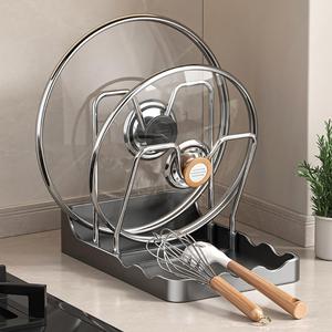 Pot lid Holder And Spoon Rest, 2 Layers Lid And Spoon Rest Pot Lid Organizer With Drip Tray, Multifunctional Utensils Pan Pot Cover Lid Rack Shelf for Pot Lids, Spatulas, Spoons (Black)