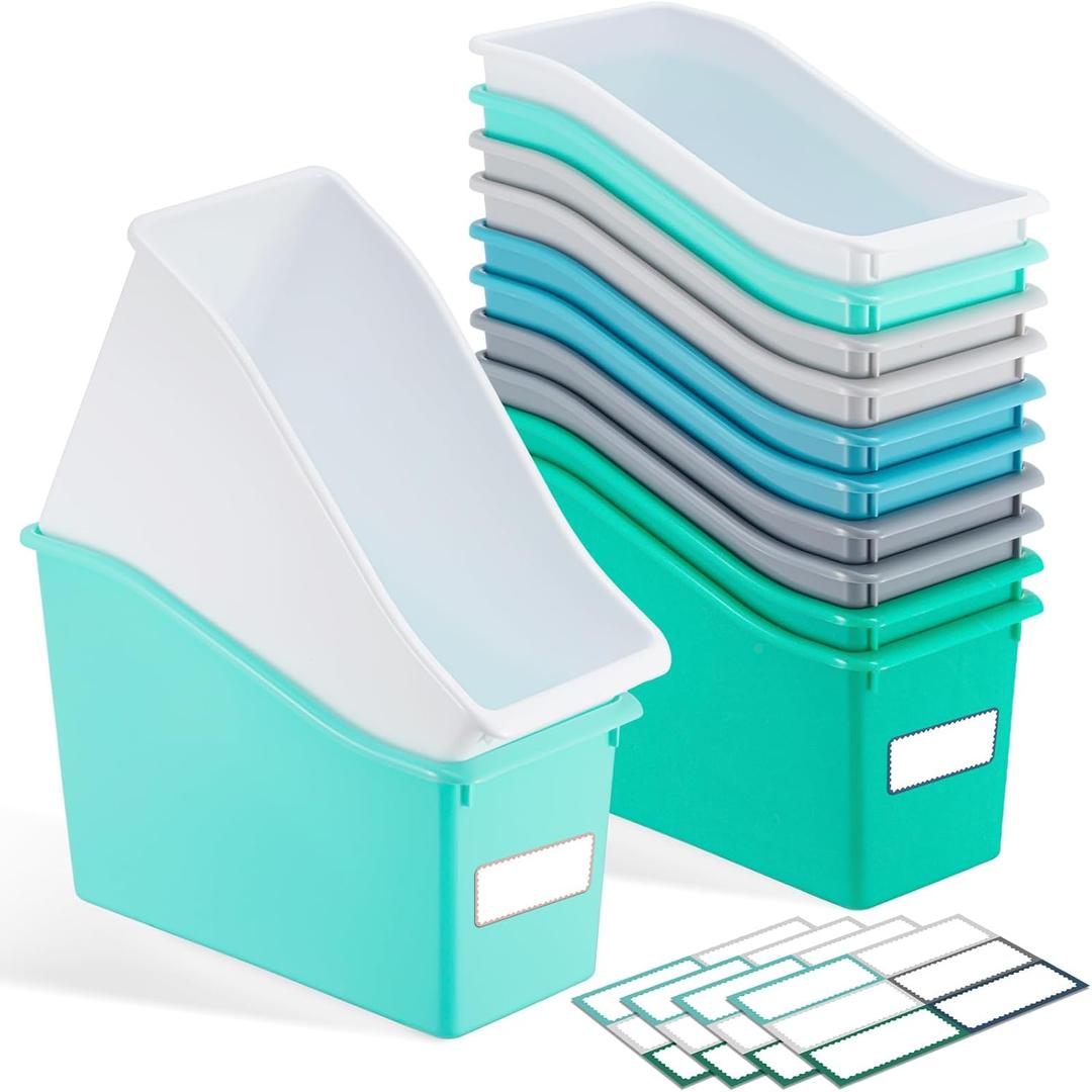 Geetery 12 Pcs Book Bin for Classroom with 24 Pcs Labels Stackable Plastic Organizing Bins 11.5 x 5.4 x 7.5 in Book Holders Storage Bins Box Baskets for Classroom Library Home (Morandi Color)