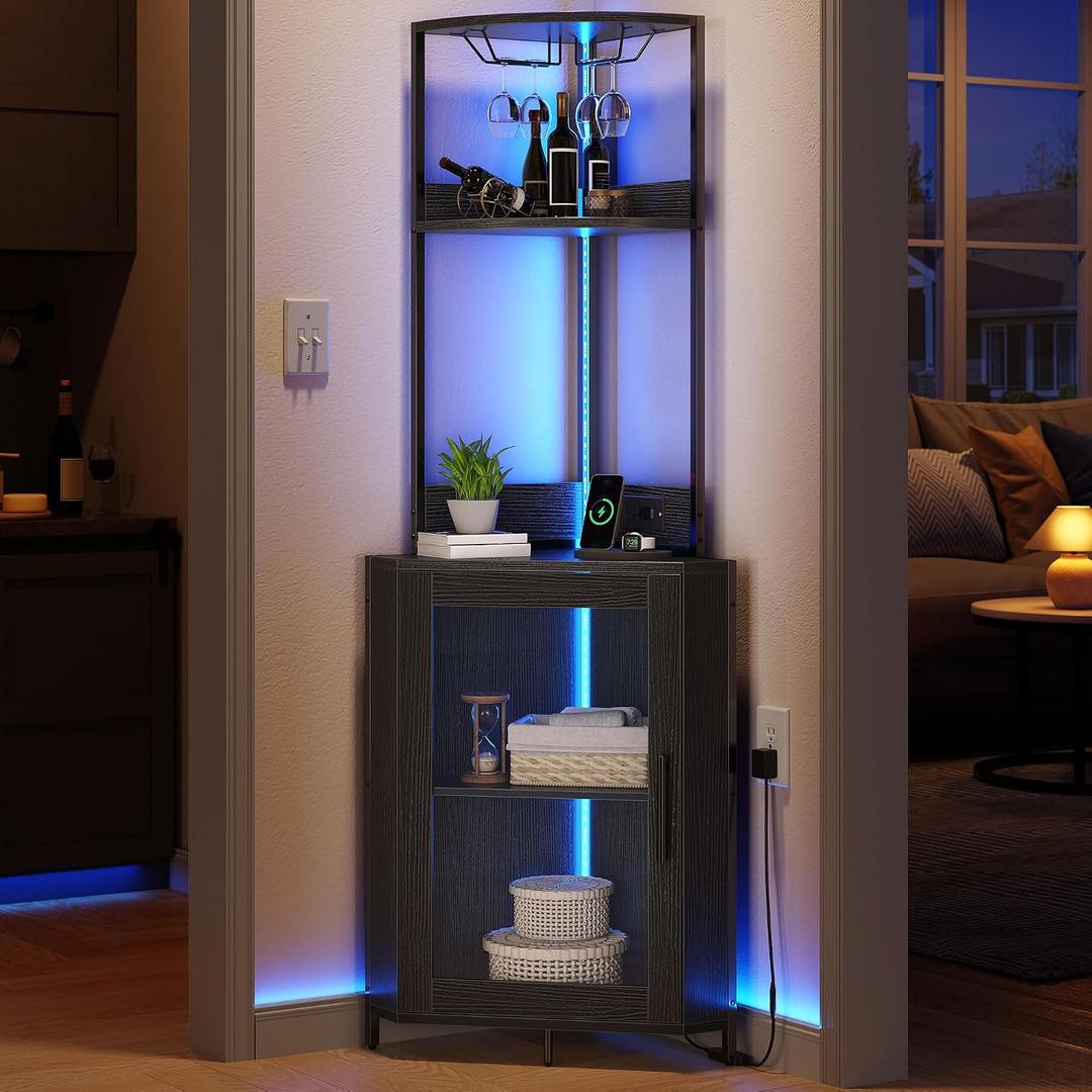 YITAHOME Corner Wine Cabinet with Power Outlets & LED Lights, Corner Bar Cabinet with Glass Holder, Liquor Bar Rack Cabinet for Living Room, Dining Room, Kitchen, Metal Black, 15.7" W x 11.8" D x 62.2" H