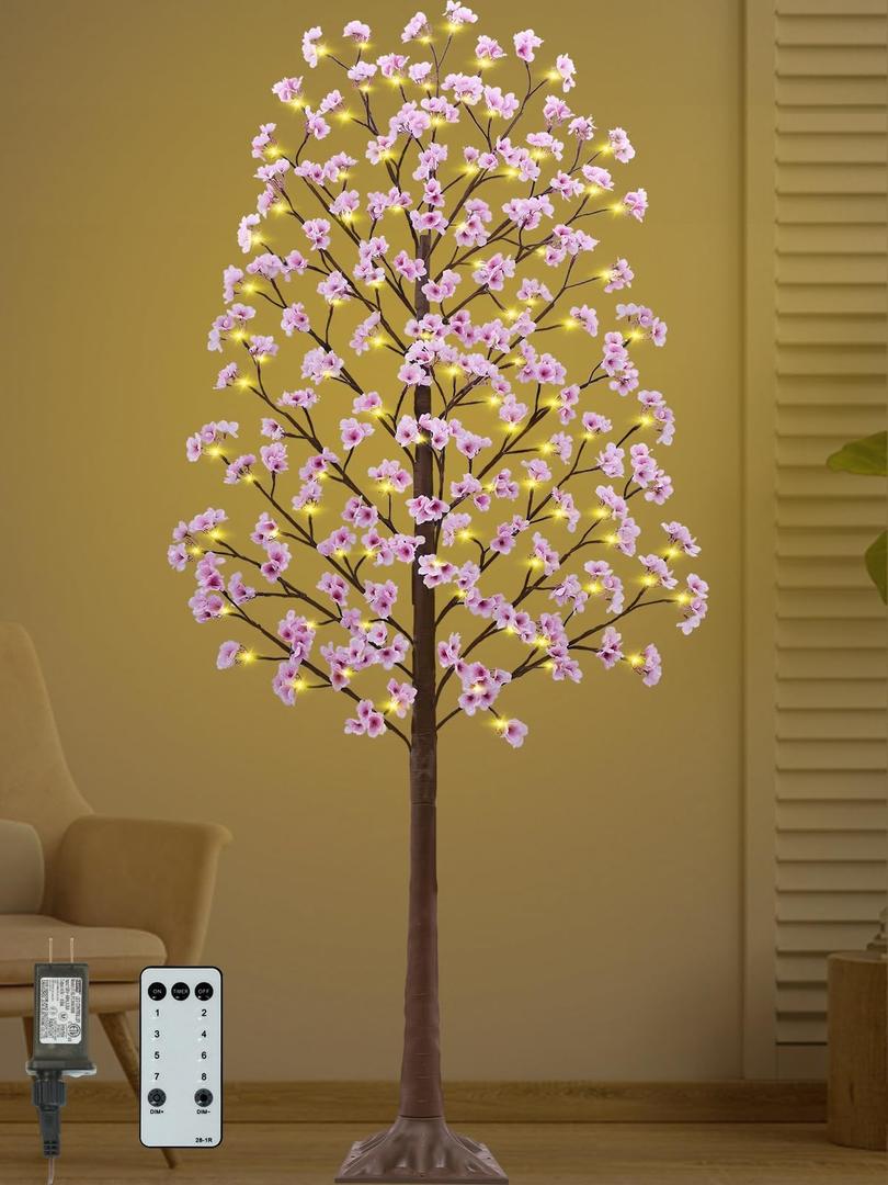 7FT Lighted Cherry Blossom Tree - Faux Artificial Light Up Pink Tree with 144 Lights, 432 Lush Flowers, Timer, Remote 8 Modes Cherry Blossom Tree for Spring Wedding Valentines Indoor Outdoor Decor